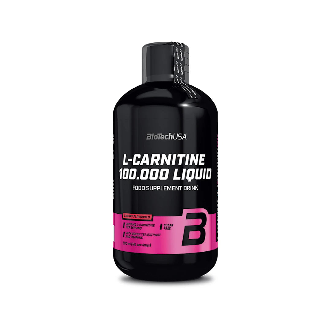 BioTechUSA L-Carnitine 100.000 Liquid 500 ml Cherry -ravintolisä mustassa pullossa pinkeillä yksityiskohdilla., kuva 1/3