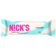 Nicks Coconut 40 g -suklaapatukka valko-vaaleansinisessä pakkauksessa, jossa on iso pinkki teksti.