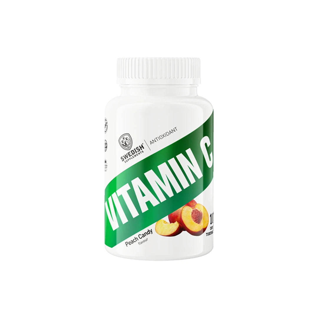 Swedish Supplements Vitamin C 100 pcs Peach Candy -purutabletteja valkoisessa purkissa vihreällä etiketillä., kuva 1/1