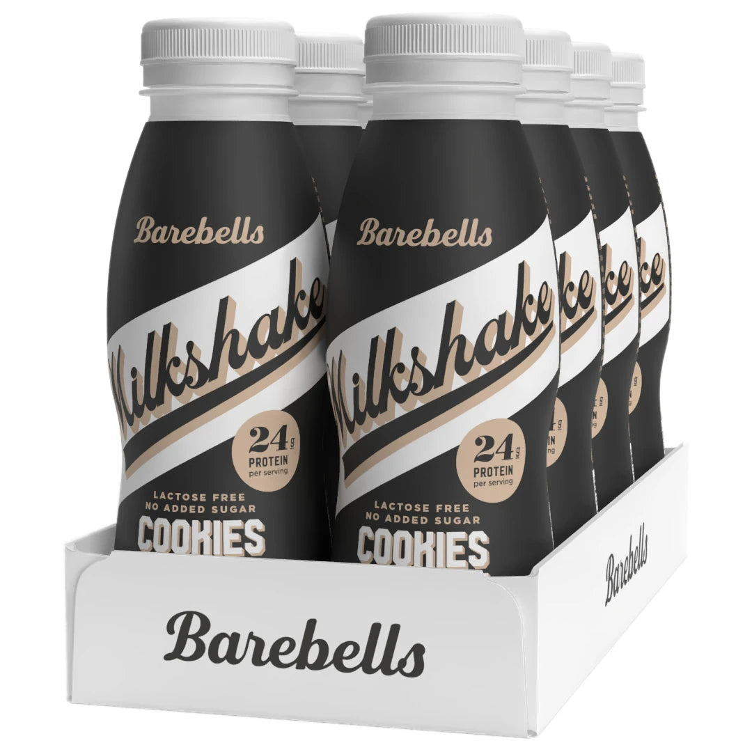 8 x Barebells Milkshake 330 ml Cookies &amp; Cream valkoisessa laatikossa, jossa on mustia pulloja valkoisin yksityiskohdin., kuva 1/1