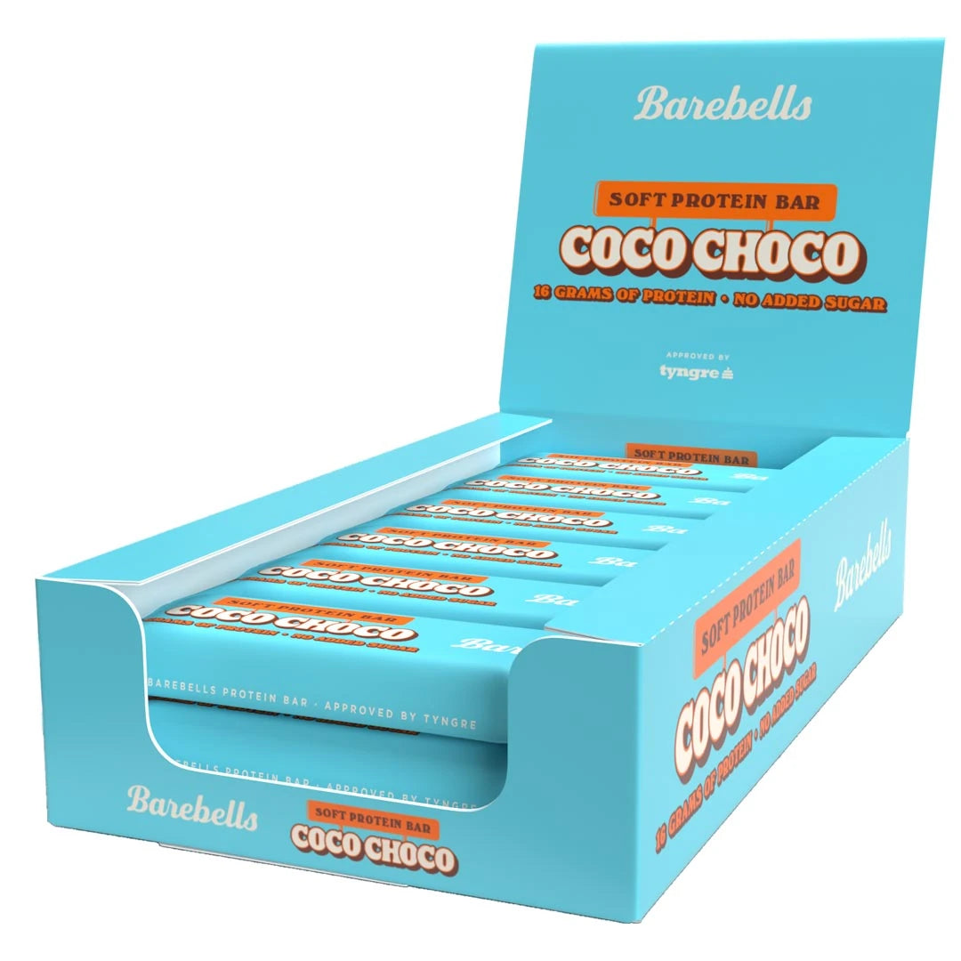 12 x Barebells Soft Protein Bar 55 g Coco Choco vaaleansinisessä esittelylaatikossa oransseilla yksityiskohdilla., kuva 1/1