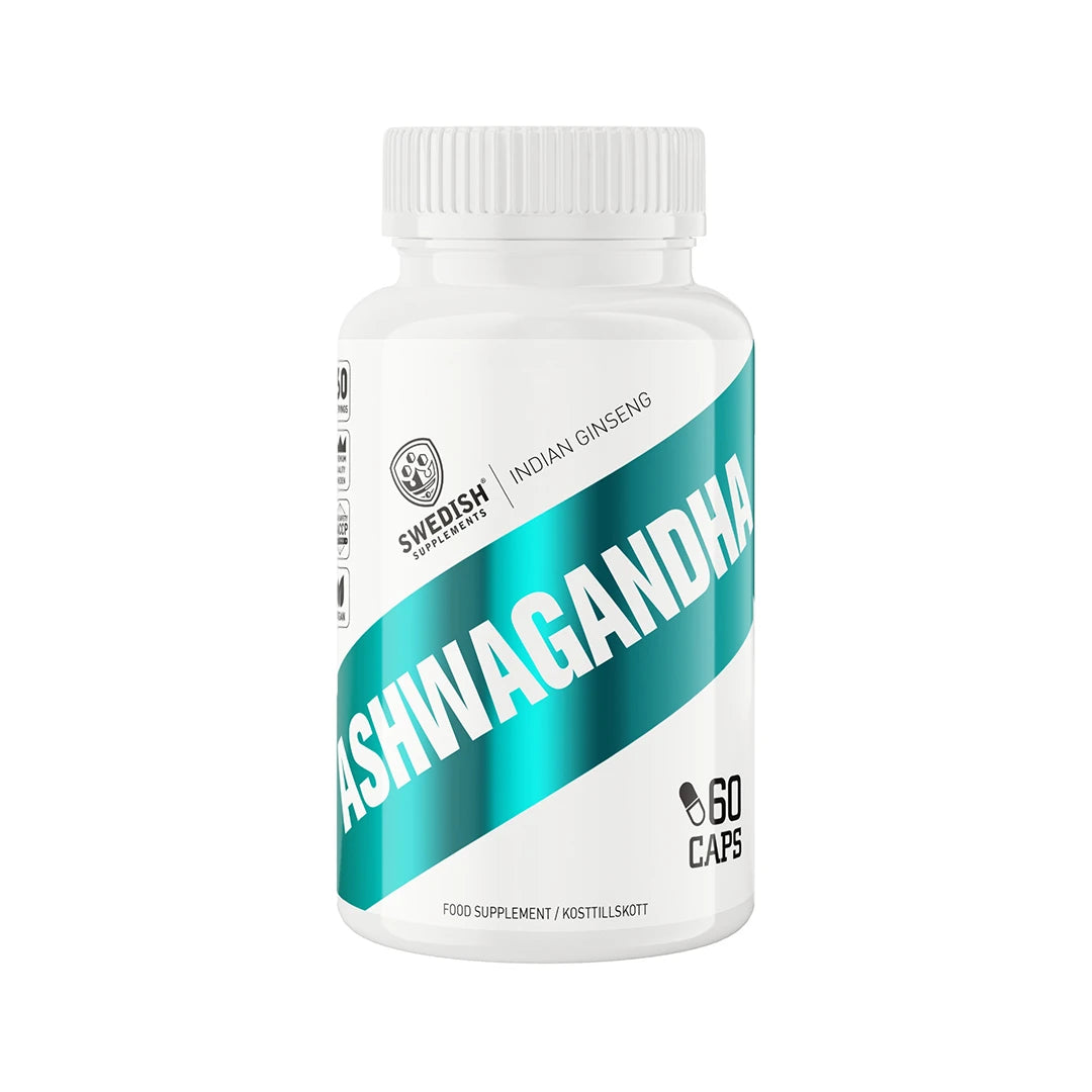 Swedish Supplements Ashwagandha 60 caps -ravintolisä valkoisessa purkissa, jossa on turkooseja ja mustia yksityiskohtia., kuva 1/1