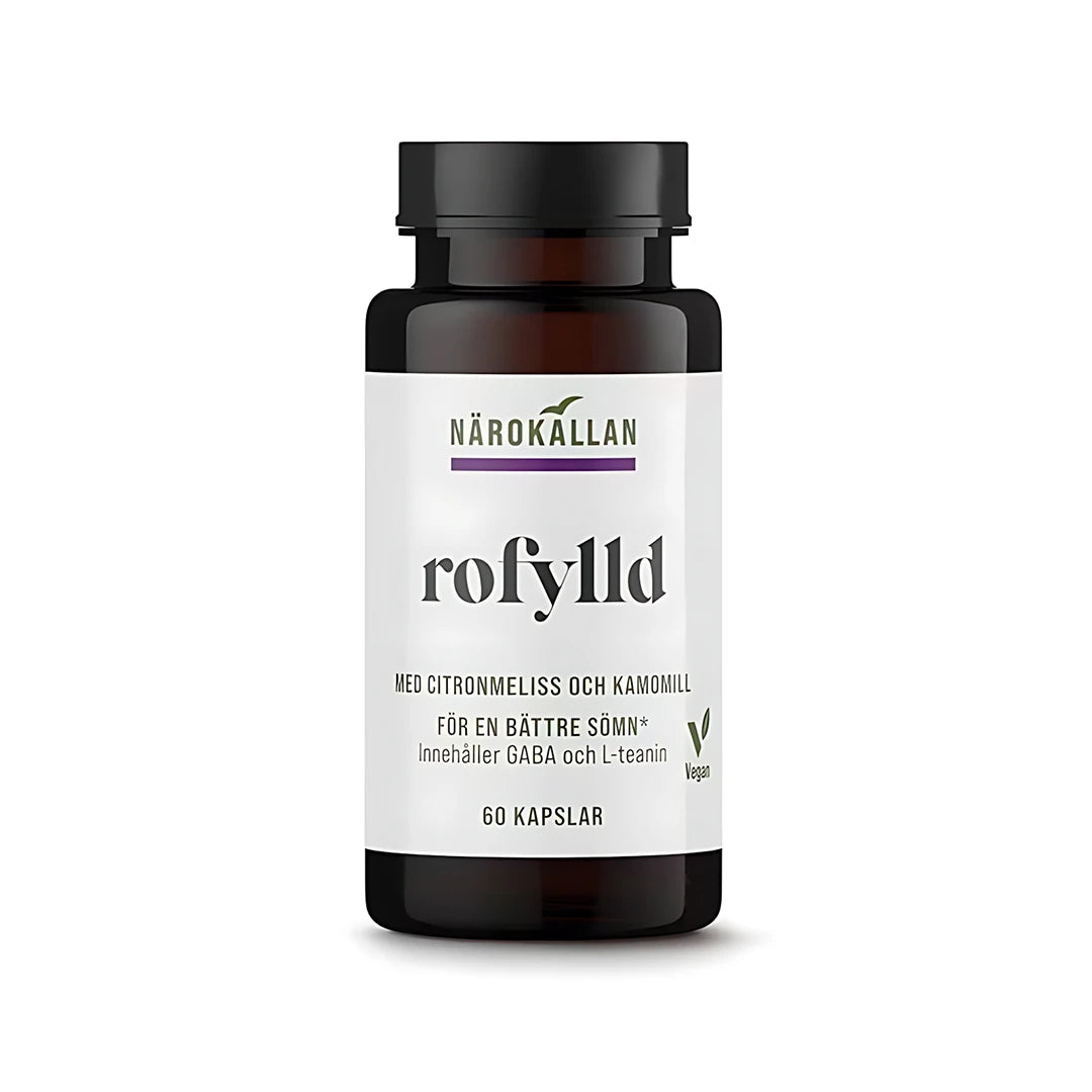 Närokällan Rofylld 60 caps -ravintolisä tummassa purkissa valkoisella etiketillä, sitruunamelissalla ja kamomillalla., kuva 1/1