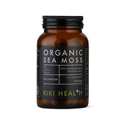 KIKI Health Organic Irish Sea Moss 90 caps tummassa lasipurkissa mustalla etiketillä.
