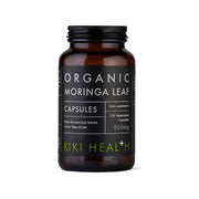 KIKI Health Organic Moringa Leaf 120 caps tummanruskeassa purkissa, jossa on musta etiketti.