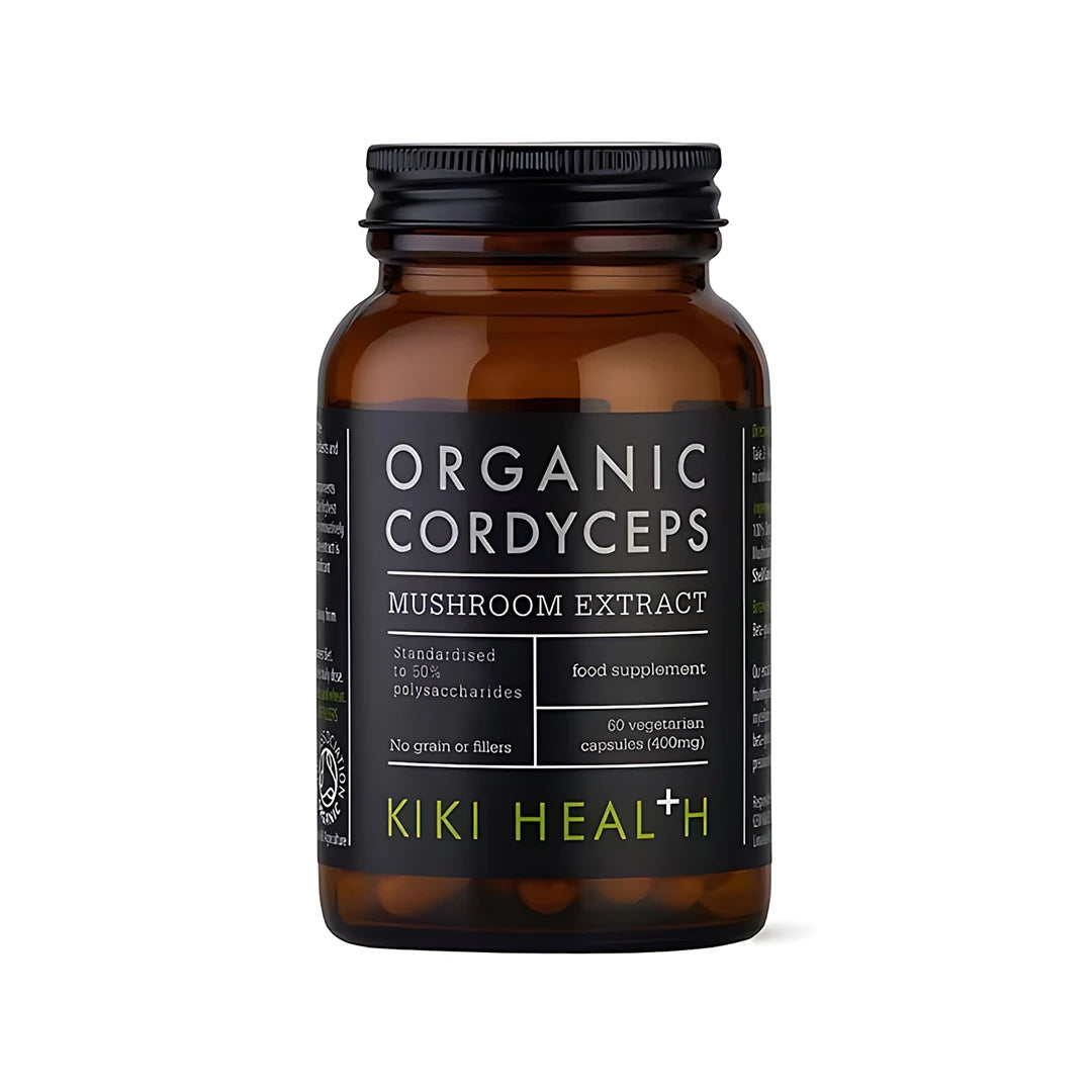 KIKI Health Organic Cordyceps Extract 60 caps tummanruskeassa lasipurkissa mustalla etiketillä ja kannella., kuva 1/1