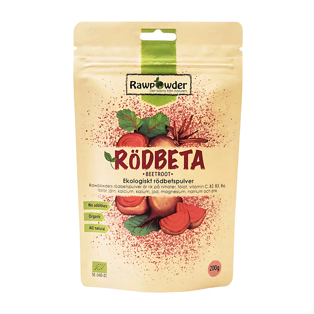 Beigen värinen paperipussi, jossa Rawpowder Rödbetspulver 200 g -punajuurijauhetta, punajuurikuvitus ja vihreä logo., kuva 1/1