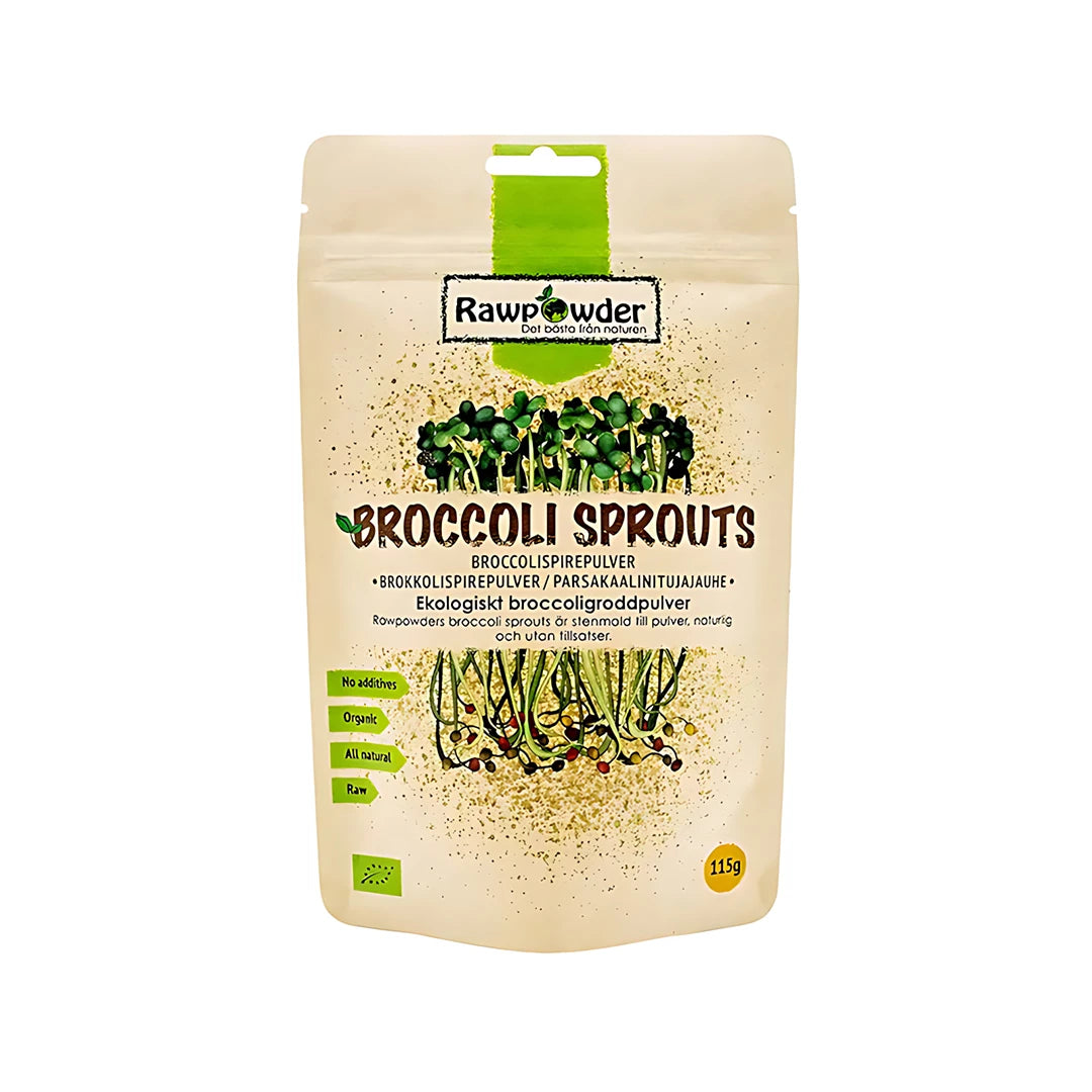 Rawpowder Broccoligroddar -jauhe 115 g beigessä pussissa, jossa on vihreitä yksityiskohtia ja parsakaalin ituja.