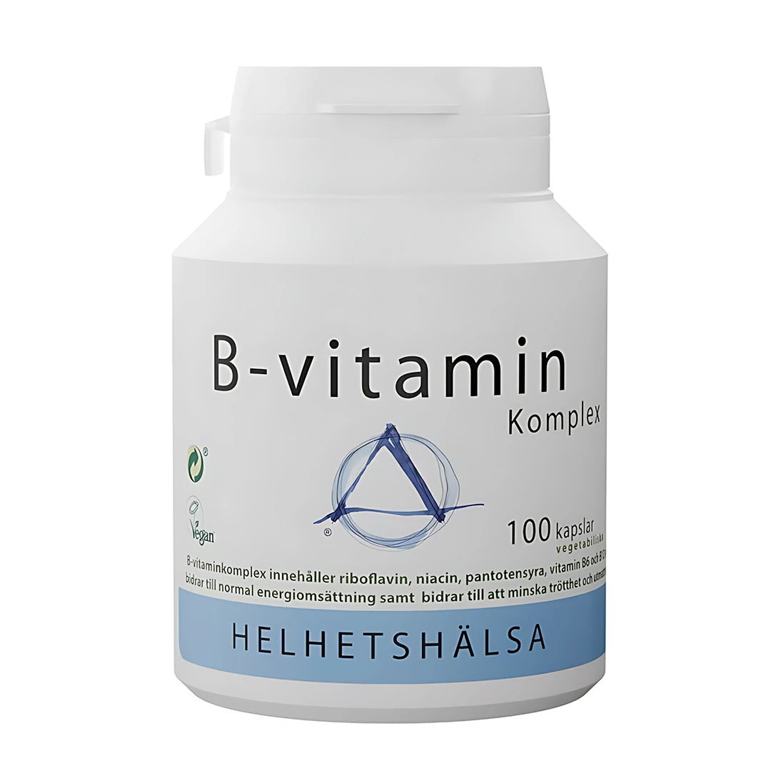 Helhetshälsa B-vitamin komplex 100 caps valkoisessa muovipurkissa, jonka etiketissä on sinisiä ja mustia yksityiskohtia., kuva 1/1