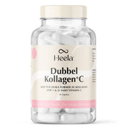 Heela Dubbel Kollagen + C 90 caps läpinäkyvässä purkissa valko-beigellä etiketillä, täynnä valkoisia kapseleita.
