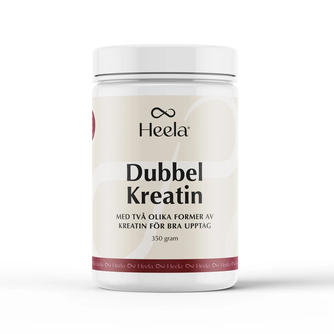 Heela Dubbel Kreatin 350 g -kreatiinijauhe valkoisessa purkissa, jossa on vaaleanbeige etiketti., kuva 1/1