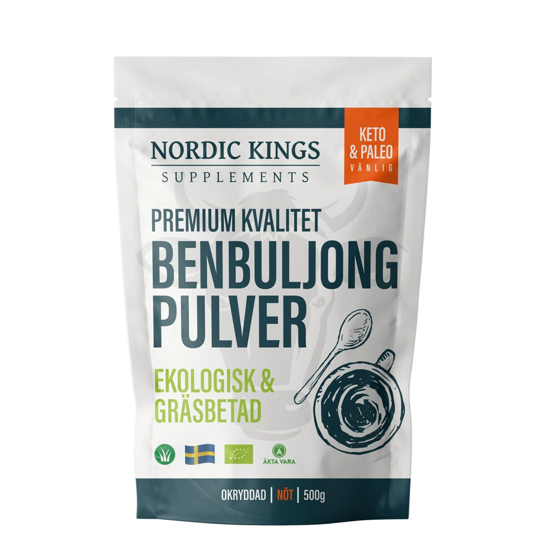 Nordic Kings Premium Benbuljongpulver EKO 500 g valkoisessa pussissa tummansinisillä ja oransseilla yksityiskohdilla., kuva 1/1