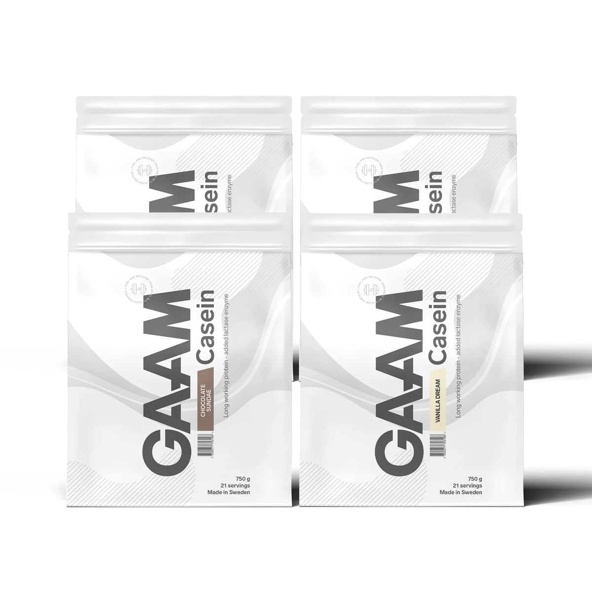 4 x GAAM Casein Kaseinprotein 750 g neljässä valkoisessa pussissa, joissa on harmaita yksityiskohtia eri makuvaihtoehdoille., kuva 1/1