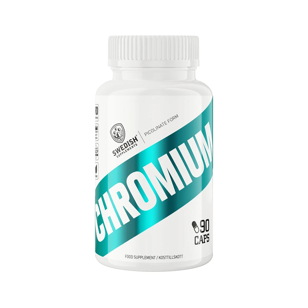 Swedish Supplements Chromium 90 caps -ravintolisä valkoisessa muovipurkissa turkooseilla yksityiskohdilla., kuva 1/1
