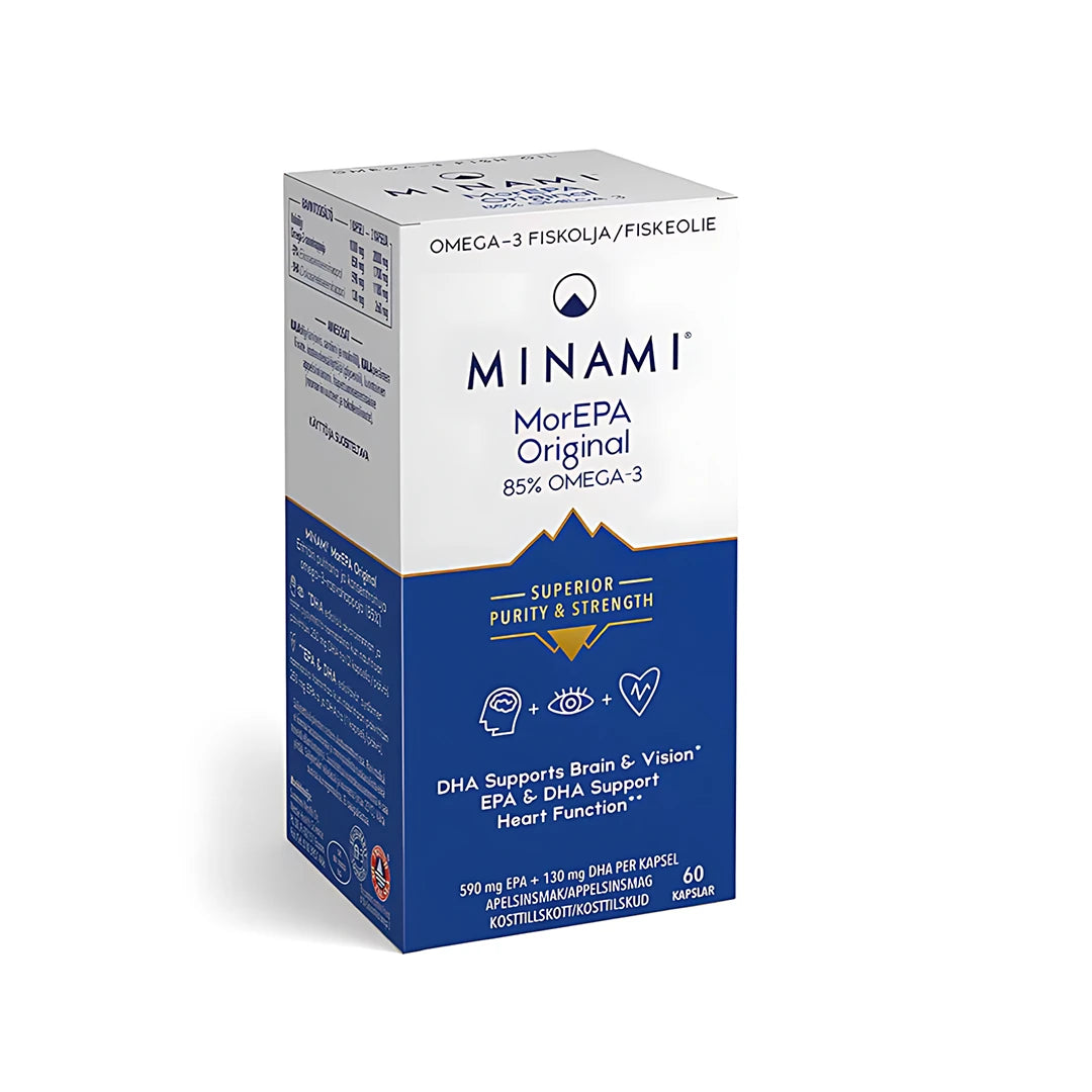 Minami MorEPA Original 85% 60 caps -omega-3-lisäravinne valko-sinisessä pahvipakkauksessa., kuva 1/1