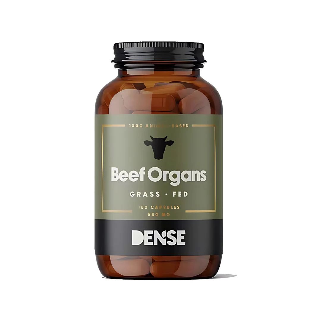 Dense Beef Organs 180 caps -monivitamiinikapselit tummanruskeassa purkissa, jossa on vihreä ja musta etiketti., kuva 1/1