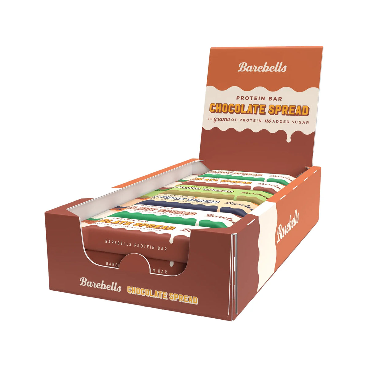 12 x Barebells Protein Bar Spread 45 g Mixlåda i en brun och orange displaykartong fylld med proteinbars i olika smaker., bild 1 av 1