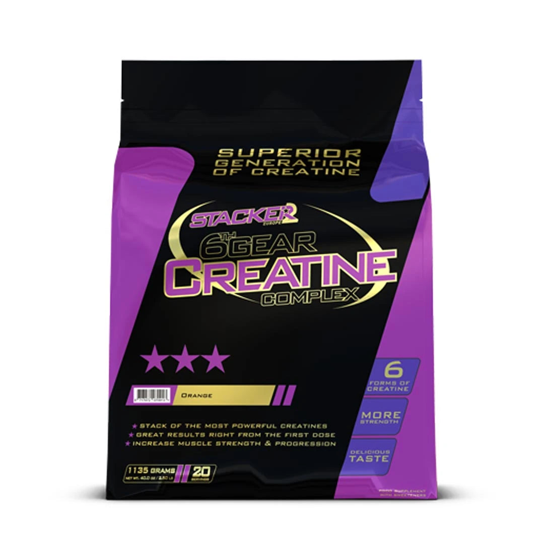 Stacker2 6Th Gear Creatine Lemon 1135 g -kreatiinisekoitus lilassa ja mustassa pussissa kultaisilla yksityiskohdilla., kuva 2/2