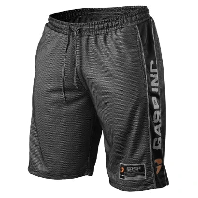 Gasp No1 Mesh Shorts Black -mustat mesh-treenishortsit, joissa on kiristysnauha ja suuri logo sivulla.