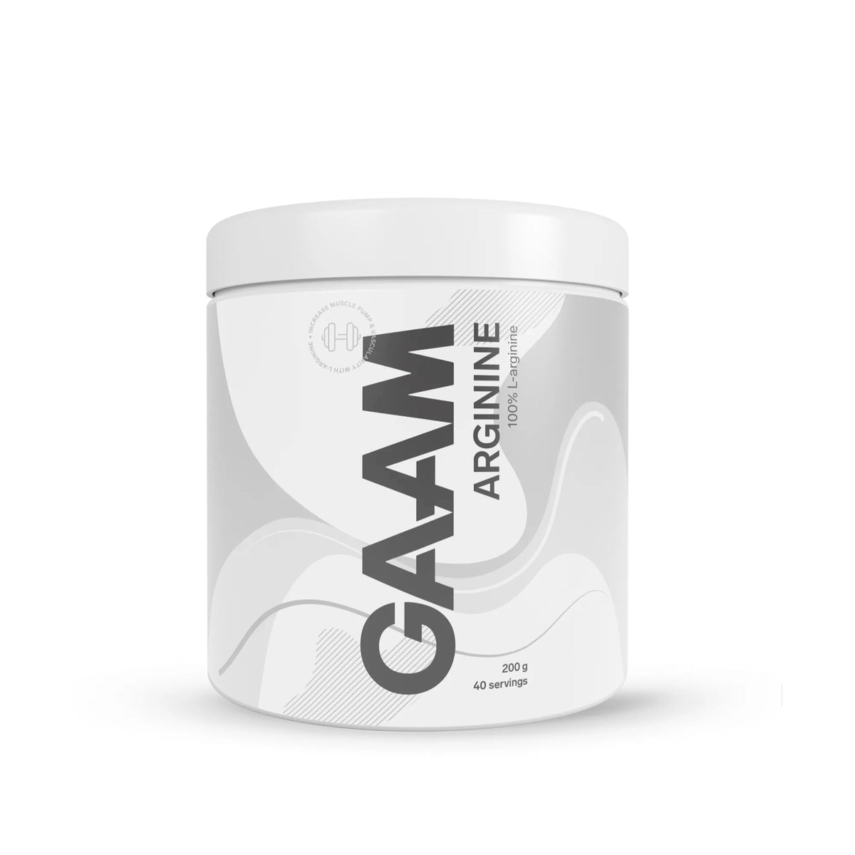 GAAM Arginine 200 g -aminohappojauhe valkoisessa purkissa, jossa on vaaleanharmaita yksityiskohtia., kuva 1/1