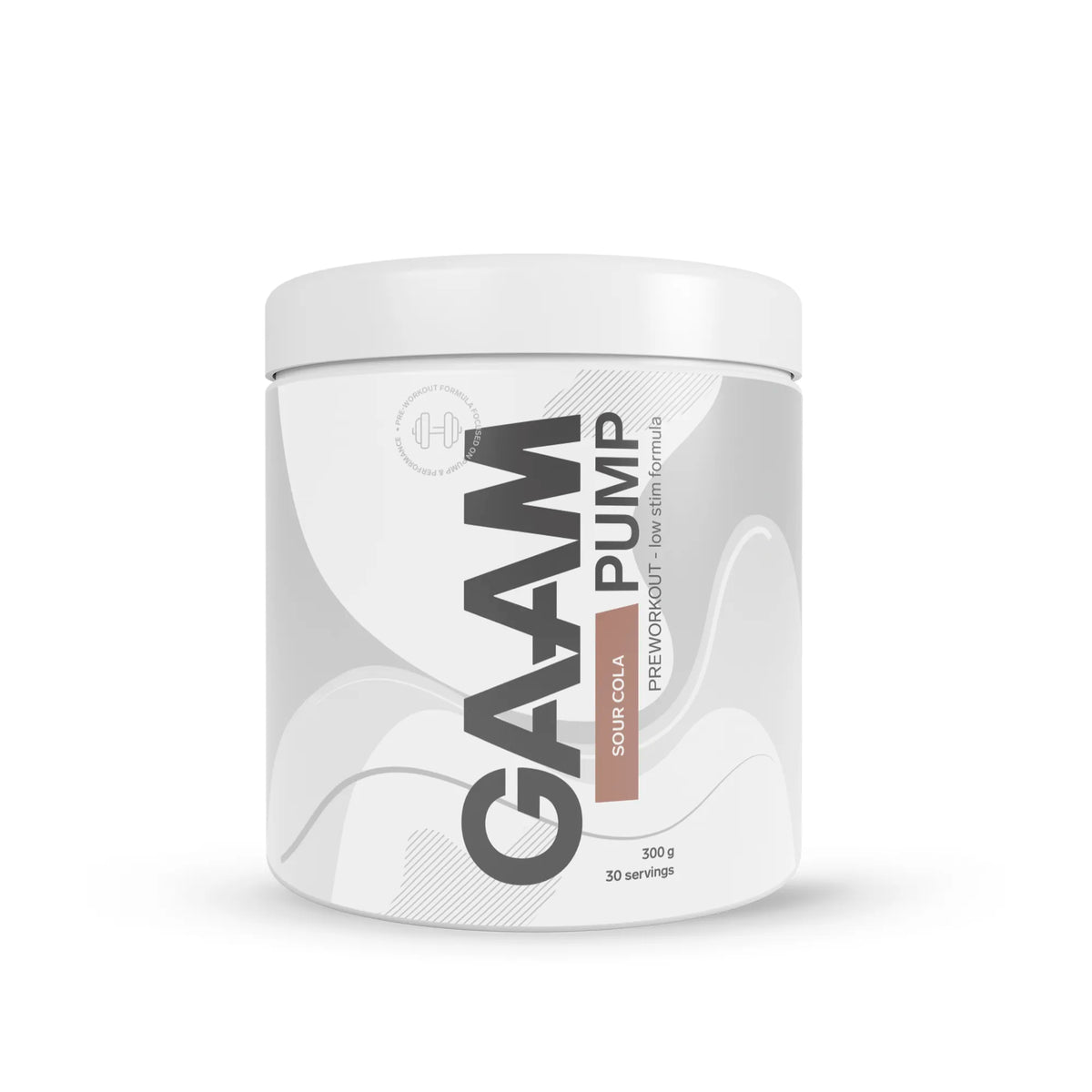 GAAM PUMP 300 g PWO-jauhe valko-harmaassa purkissa ruskeilla yksityiskohdilla, makuna Sour Cola., kuva 1/3