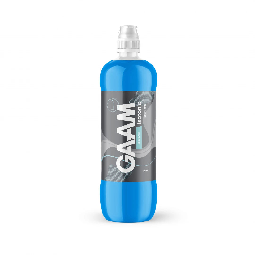 Muovipullo GAAM Isotonic 500 ml -urheilujuomaa vahvan sinisellä nesteellä ja harmaalla etiketillä, maku Blue Blast., kuva 1/1