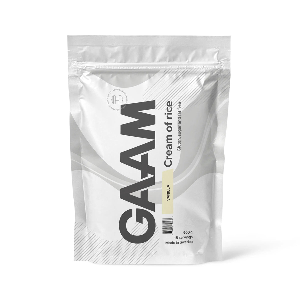 GAAM Cream of Rice 900 g -hiilihydraattijauhe valkoisessa pussissa vaaleankeltaisilla yksityiskohdilla, makuna vanilja., kuva 1/1