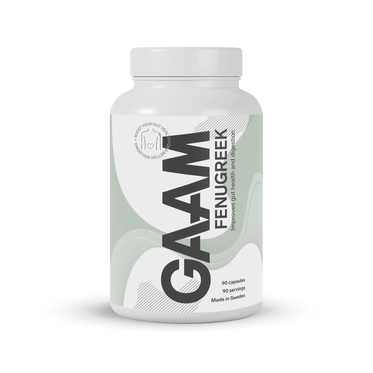 GAAM Fenugreek 90 caps -ravintolisä pakattuna valkoiseen muovipurkkiin, jossa on vaaleanvihreitä yksityiskohtia., kuva 1/1
