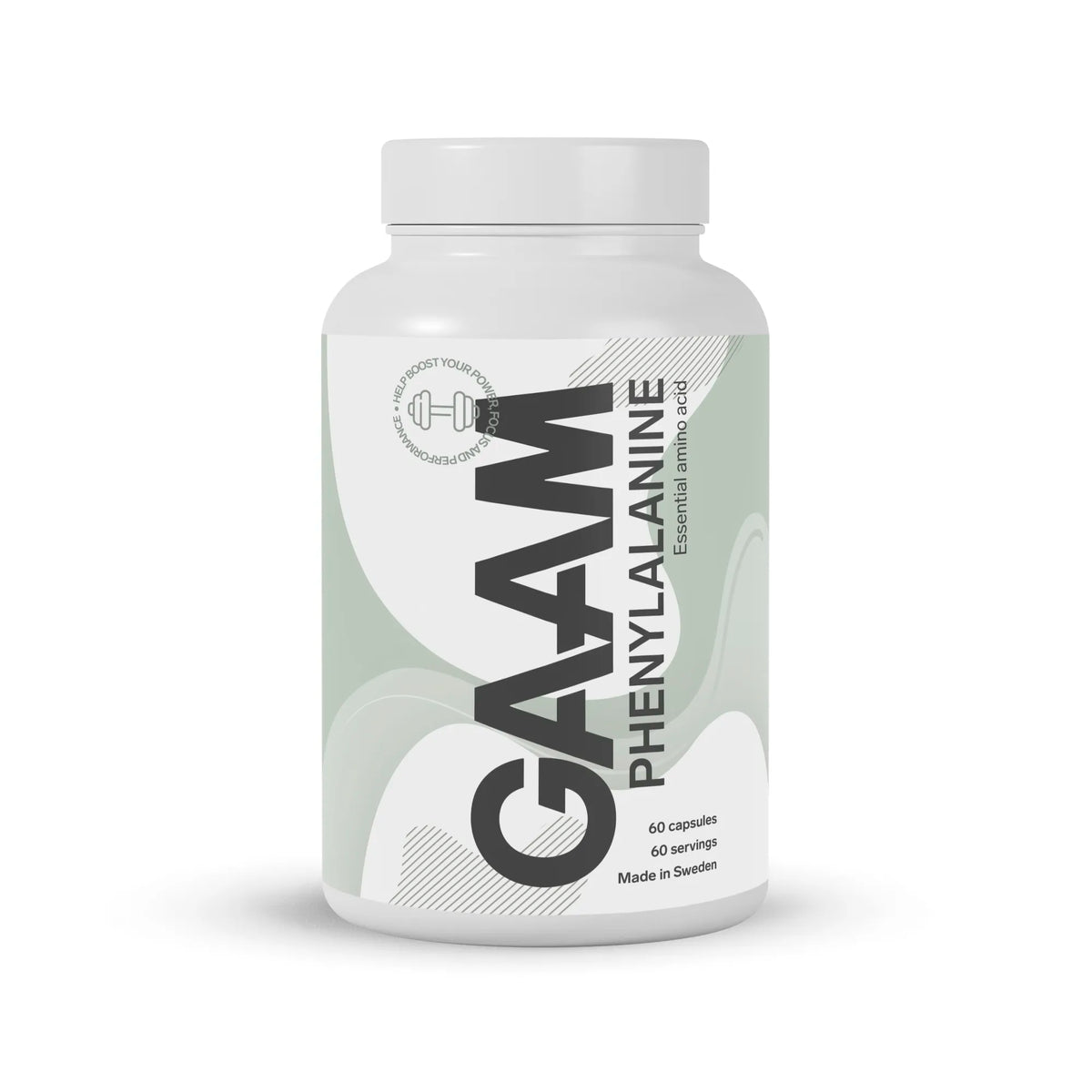 GAAM Phenylalanine 60 caps -välttämätön aminohappo valkoisessa purkissa harmailla ja mustilla yksityiskohdilla., kuva 1/1