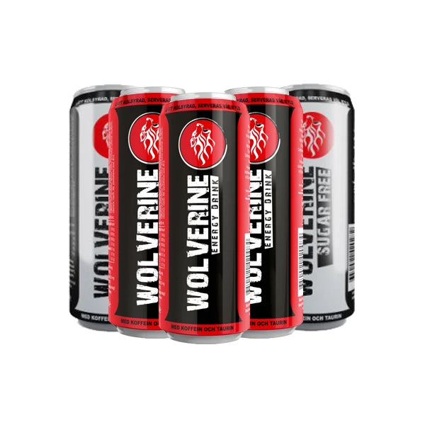 24 x Wolverine energy drink 250 ml Mixflak energiajuomatölkkejä mustavalkoisissa väreissä punaisilla yksityiskohdilla., kuva 1/1