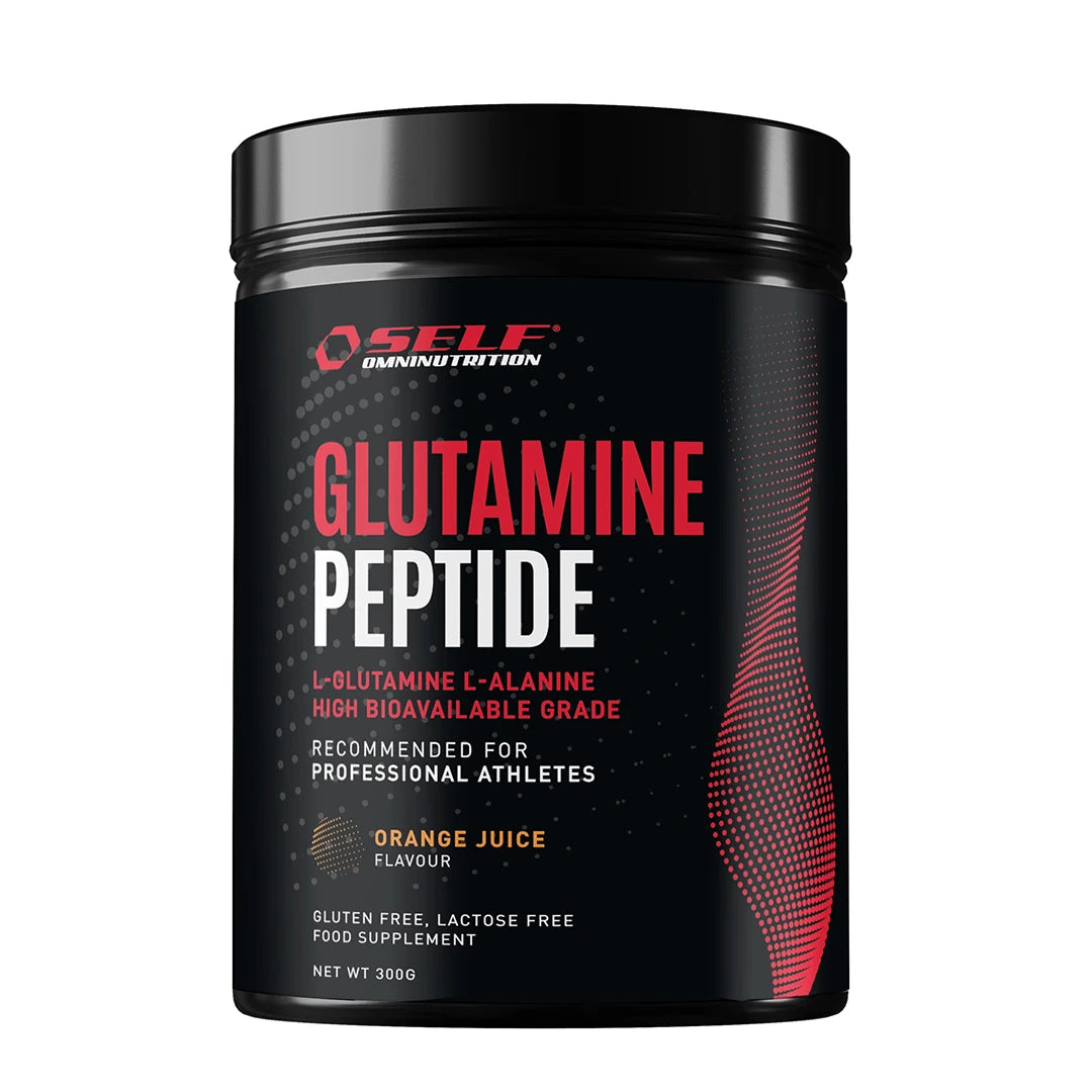 Self Omninutrition Glutamine Peptides 300 g -aminohappolisä mustassa purkissa punaisin yksityiskohdin, makuna appelsiini., kuva 1/1