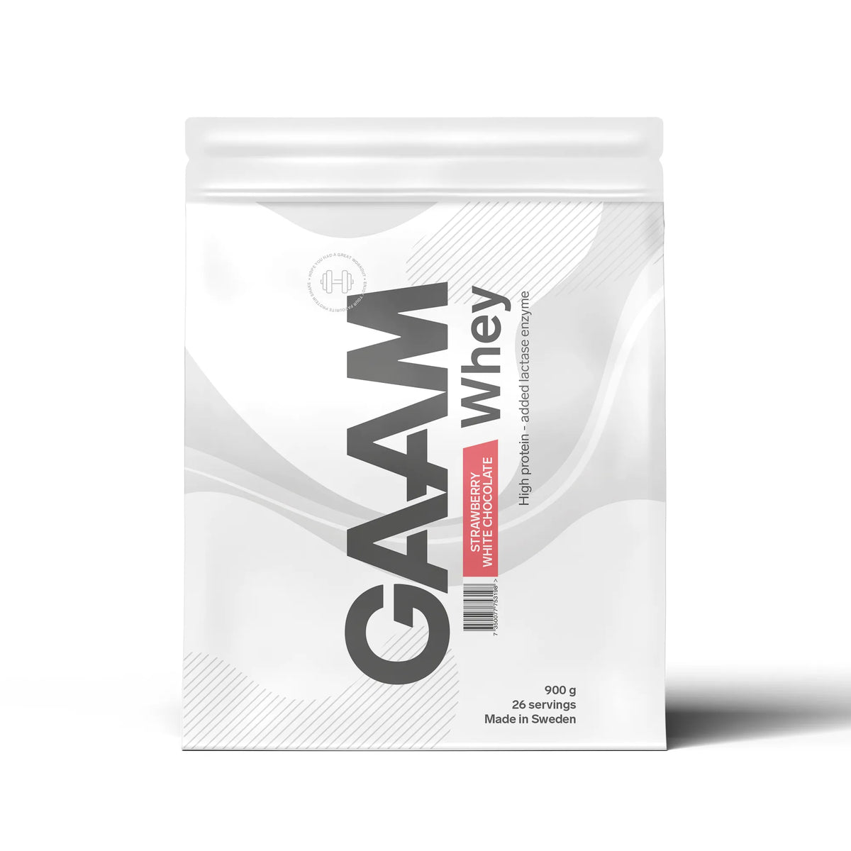 Valkoinen GAAM Whey 900 g -proteiinijauhepussi mansikka-valkosuklaan makuisena., kuva 5/17
