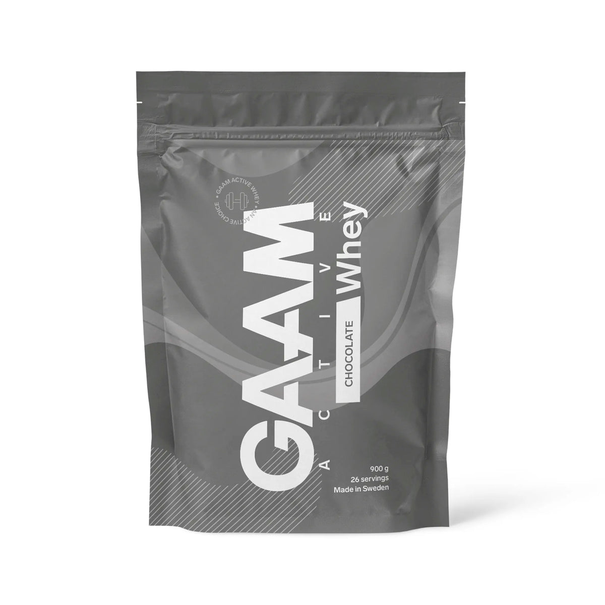 GAAM Active Whey 900 g -proteiinijauhe tummanharmaassa pussissa valkoisella tekstillä, makuna Chocolate., kuva 1/3