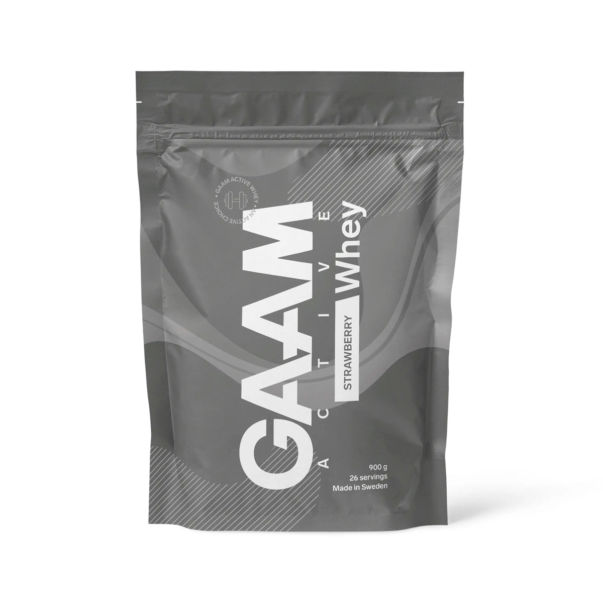 GAAM Active Whey 900 g -proteiinijauhe harmaassa pussissa valkoisilla yksityiskohdilla, makuna Strawberry., kuva 3/3