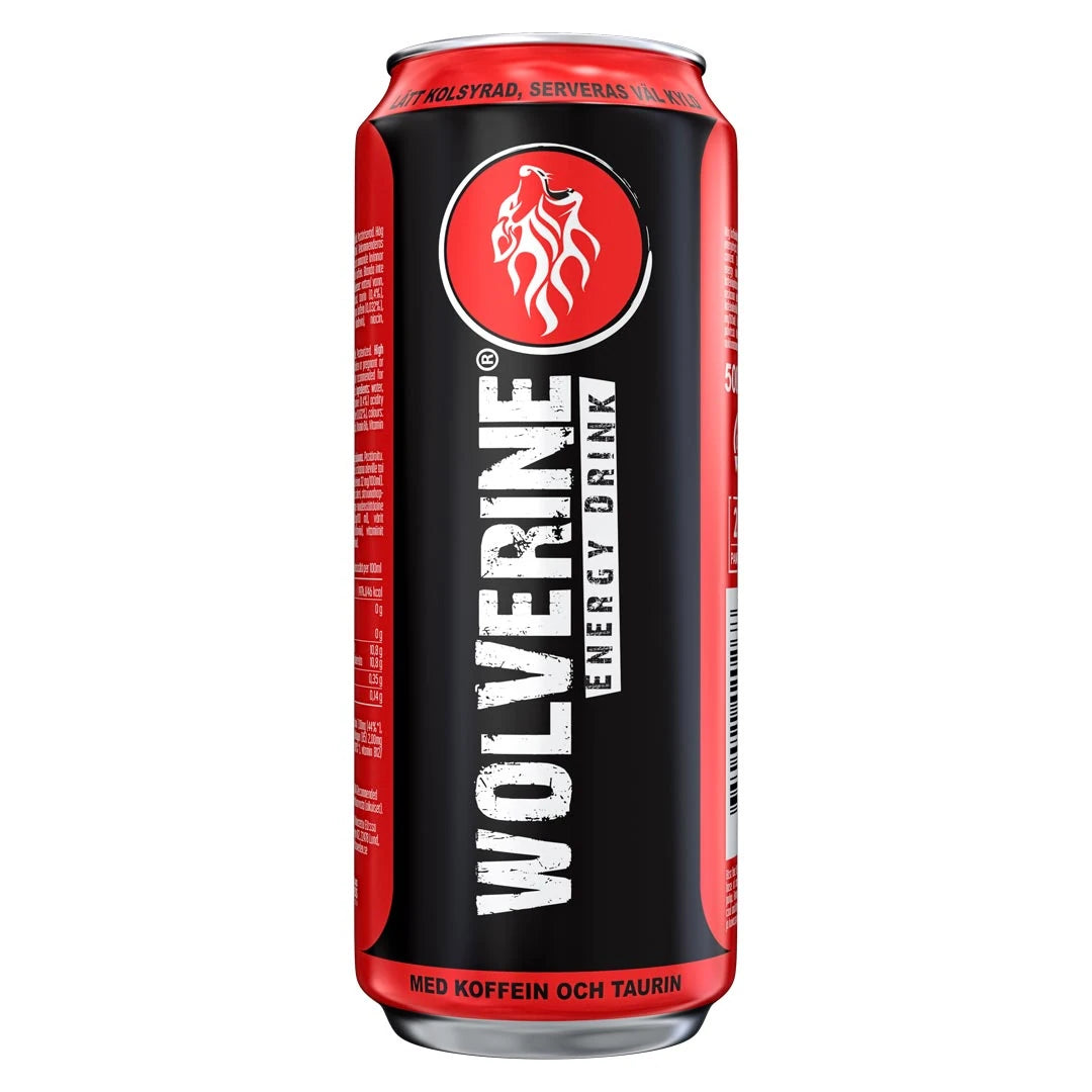 Wolverine Energy Drink 500 ml musta-punaisessa tölkissä, jossa on valkoinen logo ja teksti., kuva 1/3