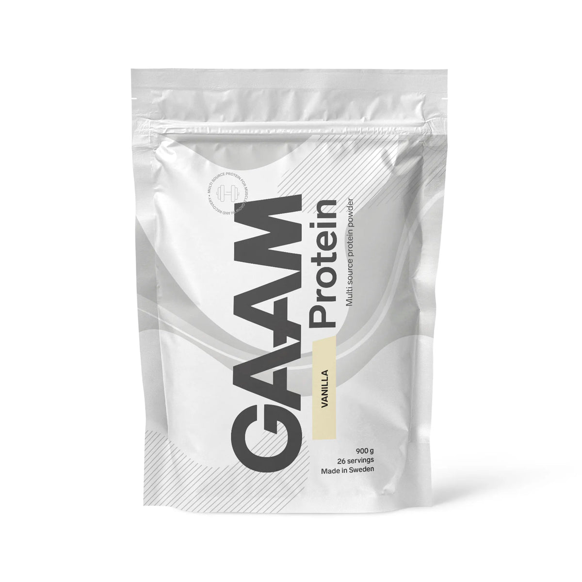 GAAM Protein 900 g -proteiinijauhe valkoisessa pussissa vaaleankeltaisilla yksityiskohdilla, makuna Vanilla., kuva 2/6