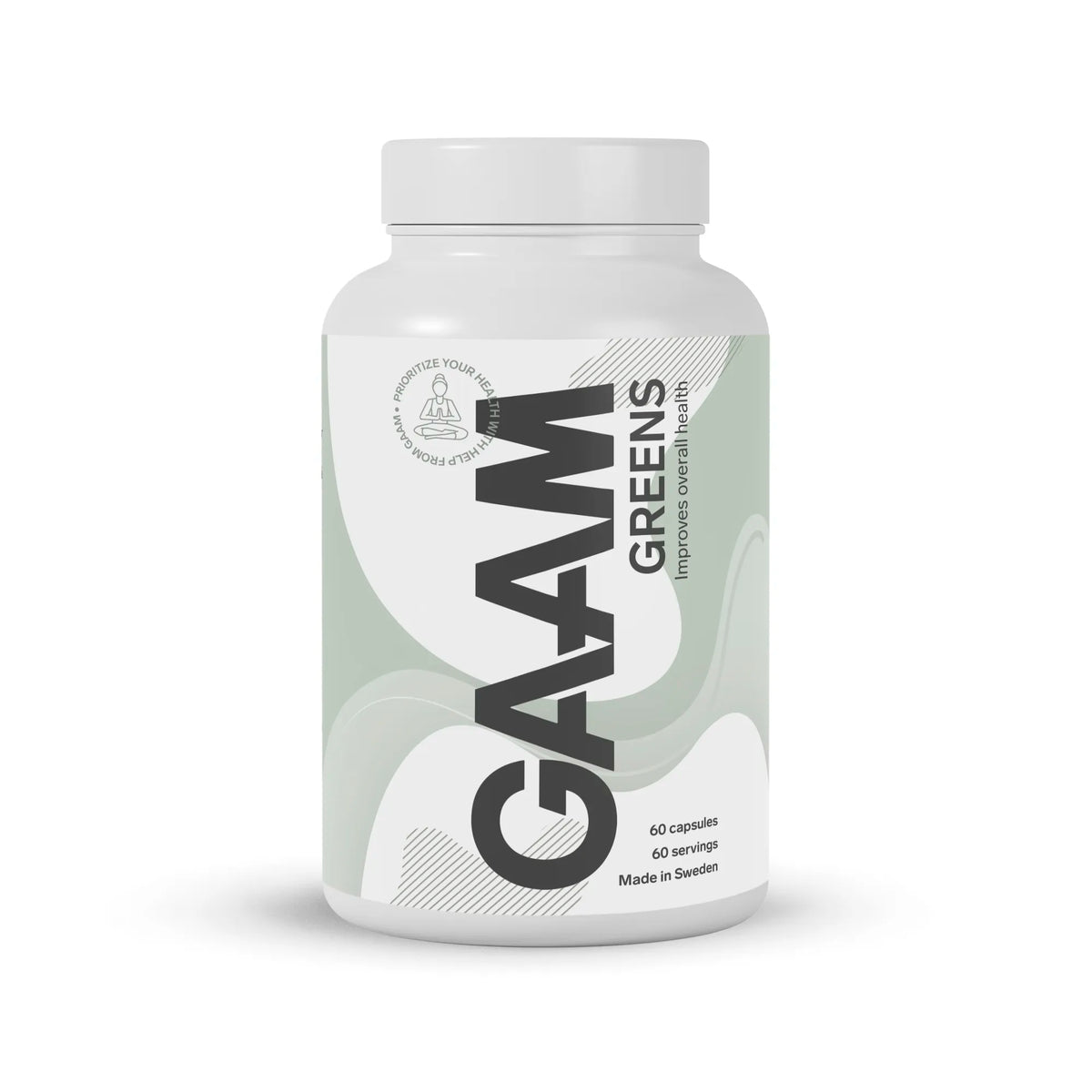 GAAM Greens 60 Caps -kapselit tyylikkäässä valkoisessa muovipurkissa, jossa on vaaleanvihreitä yksityiskohtia., kuva 1/1