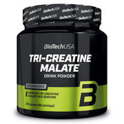 BioTechUSA Tri-Creatine Malate 300 g naturellt kreatinpulver i en svart burk med limegröna detaljer.