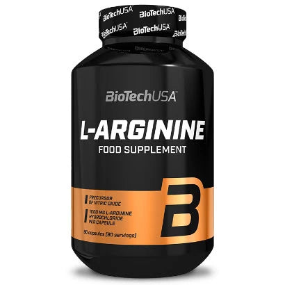 BioTechUSA L-Arginin 90 caps -ravintolisä mustassa purkissa mustilla ja oransseilla yksityiskohdilla., kuva 1/1