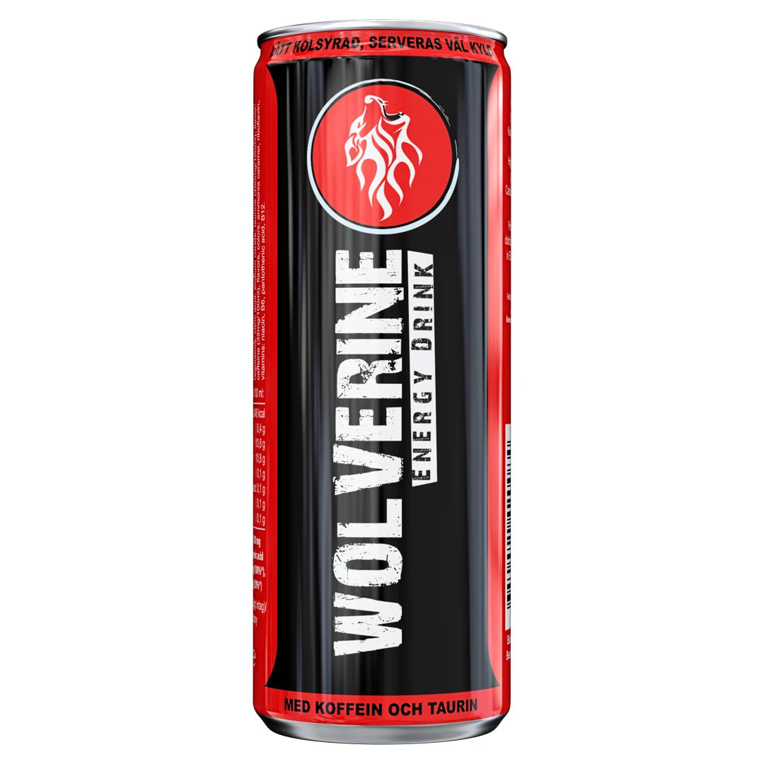 Wolverine Energy Drink 250 ml musta-punaisessa tölkissä, makuna Original., kuva 1/3