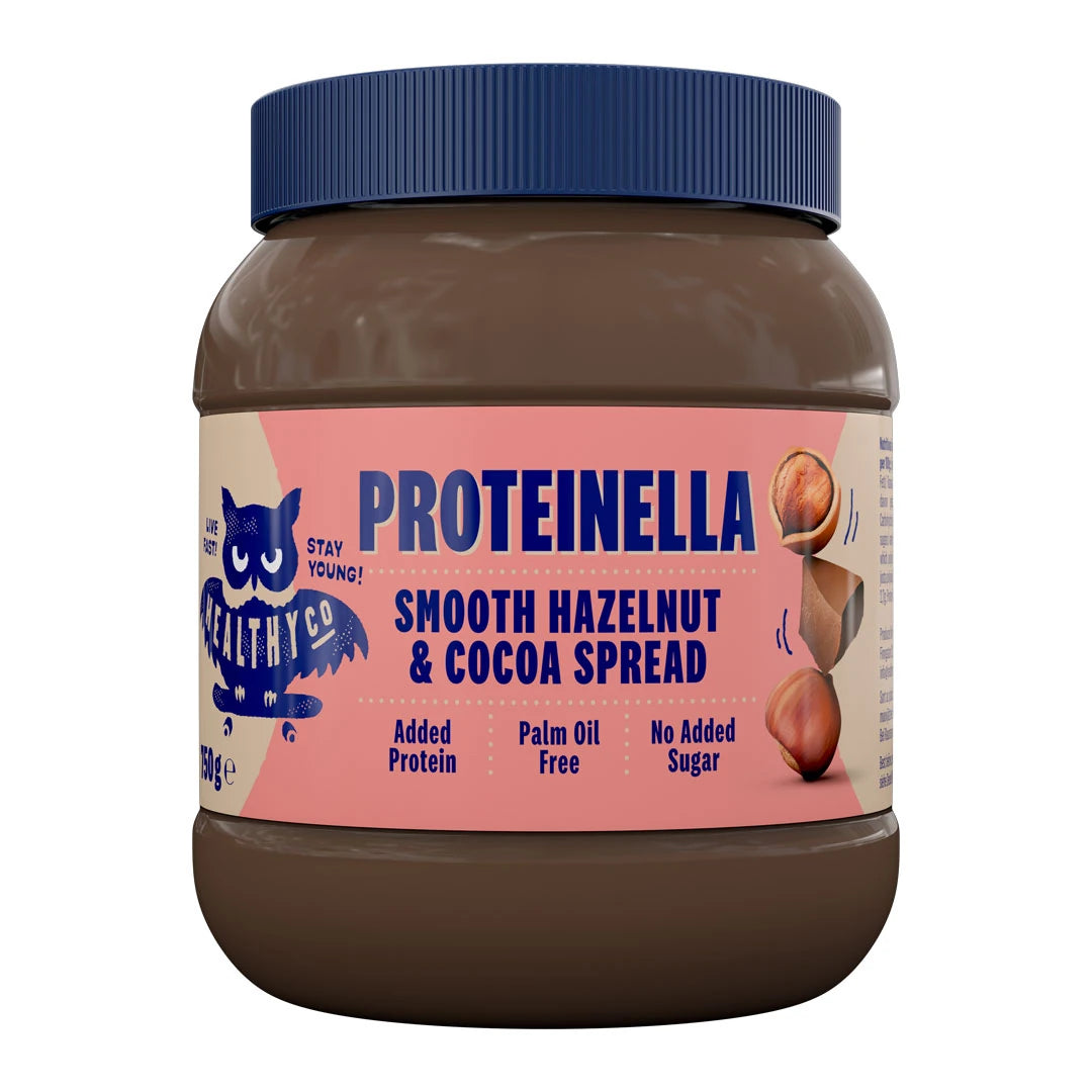 HealthyCo Proteinella 750 g -levite sinikantisessa purkissa vaaleanpunaisella etiketillä, makuna Smooth Hazelnut &amp; Cocoa., kuva 1/1
