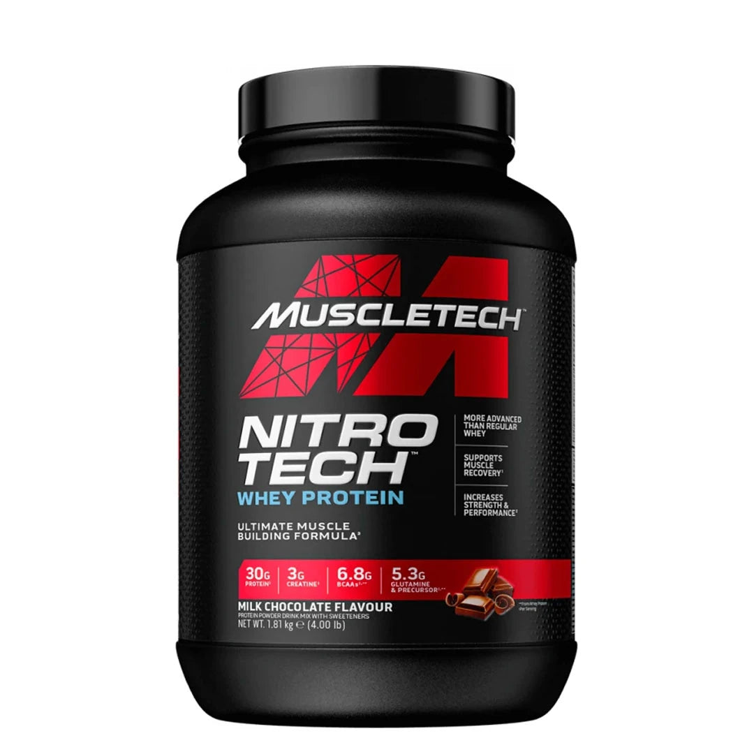 MuscleTech Performance Series Nitro-Tech 1.8 kg -proteiinijauhe mustassa purkissa punaisella tekstillä, maku Milk Chocolate., kuva 1/2