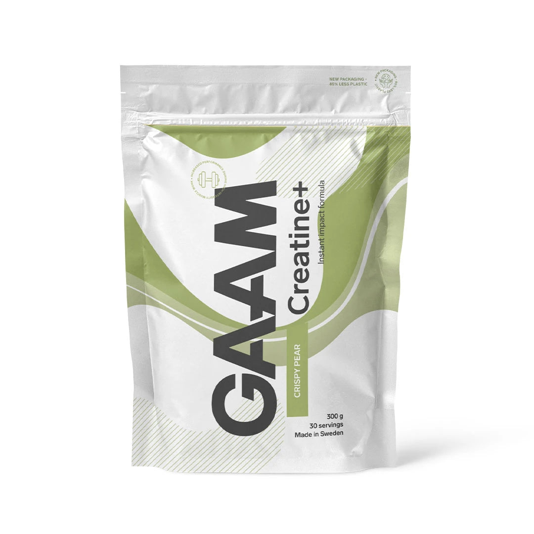 GAAM Creatine+ Kreatiini 300 g -kreatiinijauhe valkoisessa pussissa vihreillä yksityiskohdilla, makuna Crispy Pear., kuva 2/2