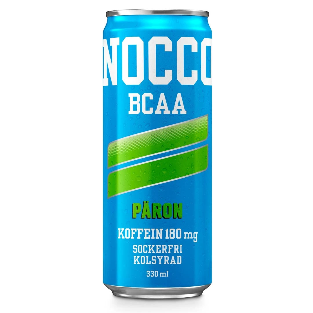 Vaaleansininen NOCCO BCAA 330 ml -energianjuomatölkki vihreillä yksityiskohdilla, makuna Päron., kuva 3/16