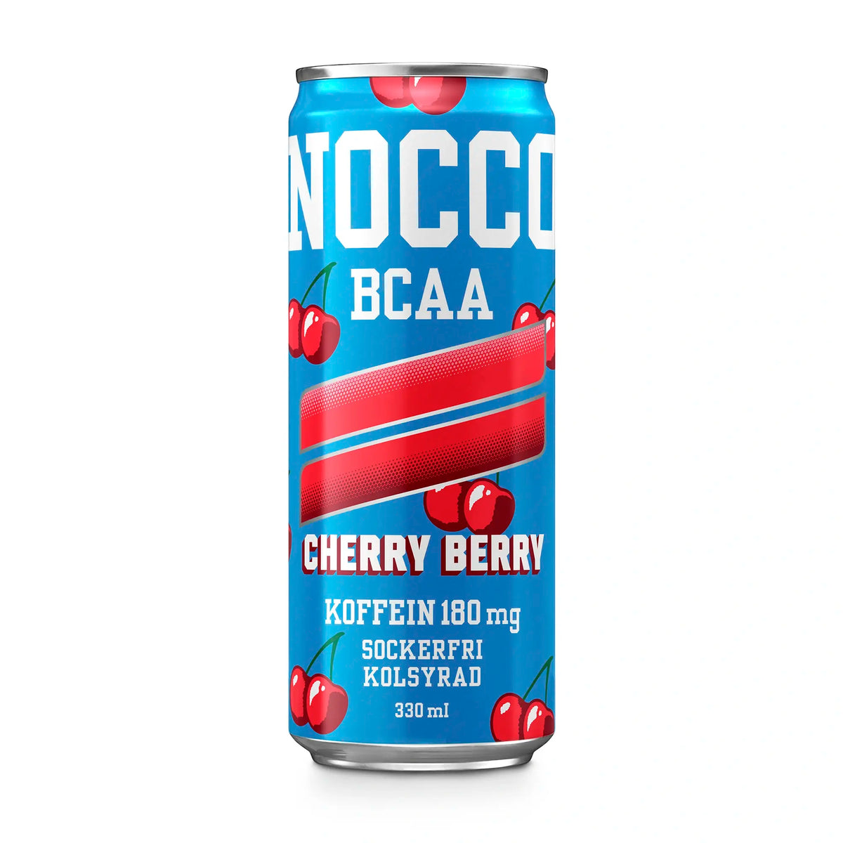 NOCCO BCAA 330 ml -energiajuoma sinisessä tölkissä punaisilla yksityiskohdilla ja kirsikkakuvioilla, makuna Cherry Berry., kuva 13/16
