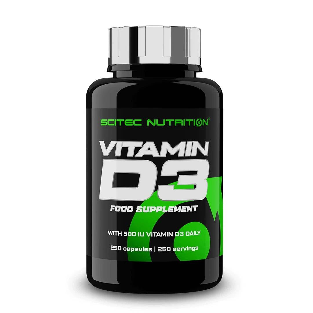 Scitec Nutrition Vitamin D3 250 caps -ravintolisä mustassa purkissa hopeisella kannella ja vihreällä tekstillä., kuva 1/1