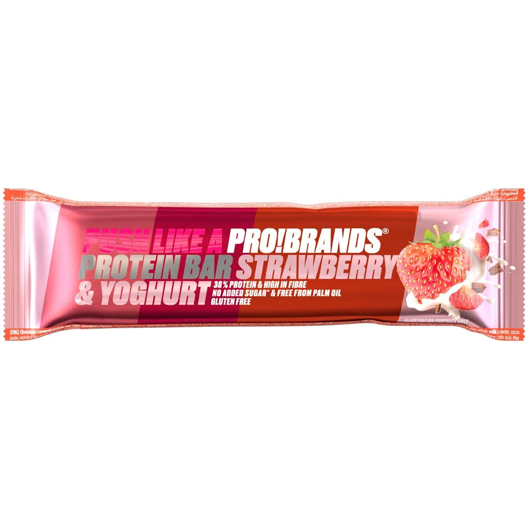 Pro Brands Proteinbar 45 g kiiltävässä vaaleanpunaisessa ja punaisessa pakkauksessa, makuna Strawberry Yoghurt., kuva 1/5