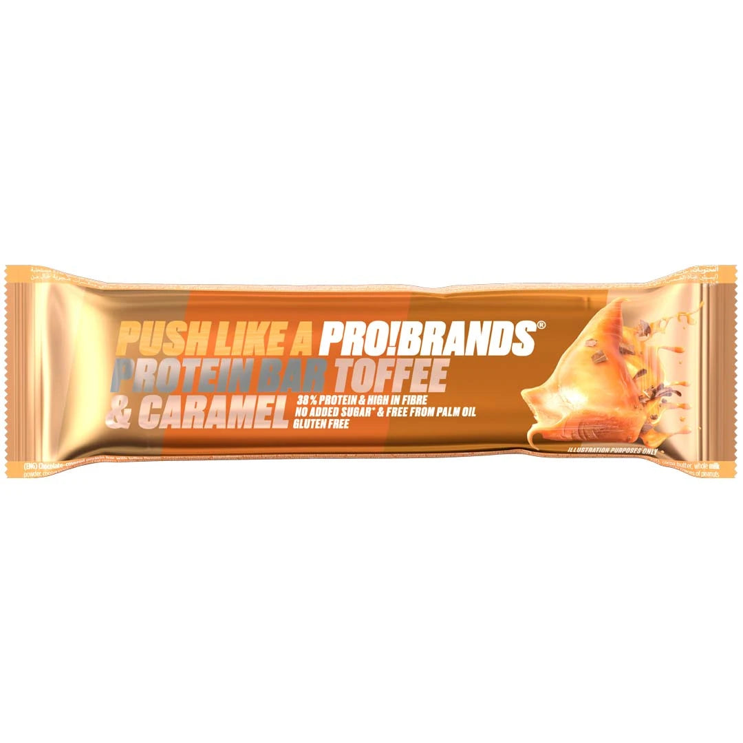 Pro Brands Proteinbar 45 g kullanvärisessä pakkauksessa oransseilla yksityiskohdilla, makuna Toffee Caramel., kuva 4/5