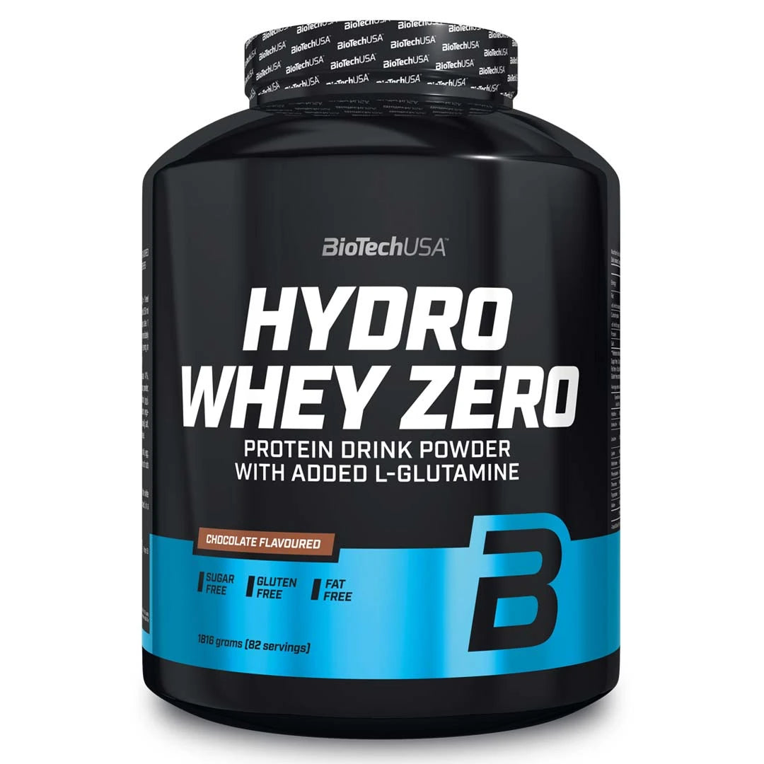 BioTechUSA Hydro Whey Zero 1.8 kg -proteiinijauhe makuna Chocolate, mustassa purkissa vaaleansinisillä yksityiskohdilla., kuva 1/1