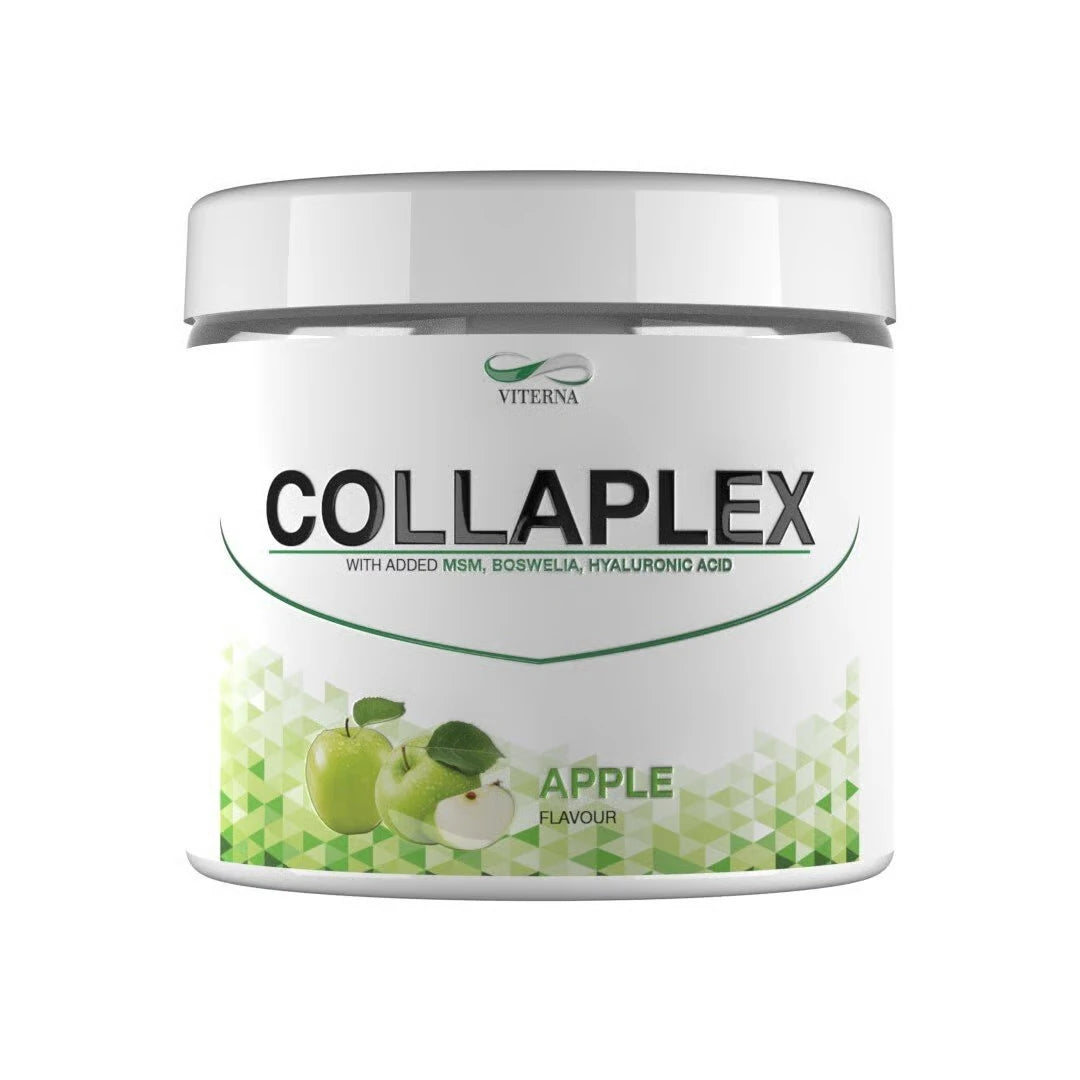 Viterna Collaplex Powder 400 g -kollageenijauhe valkoisessa purkissa vihreillä yksityiskohdilla ja omenakuviolla., kuva 1/1